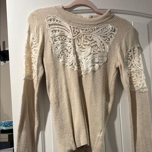 Free People Cream Crochet Embellished Knit Sweater